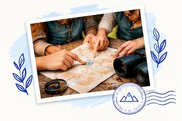 Niños exploradores preparando una aventura educativa con mapas y brújula