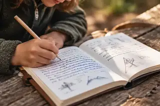 Cuaderno de bitácora de un explorador con anotaciones y dibujos de naturaleza