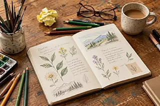 Cuaderno de escritura creativa abierto sobre una mesa con lápices