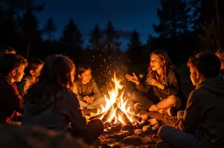 Grupo de niños reunidos alrededor de una hoguera escuchando historias durante un campamento