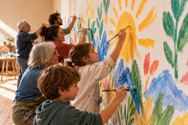 Personas de diferentes generaciones compartiendo un espacio de creatividad y expresión libre